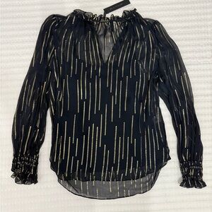 Elie Tahari Navy and Gold Patterned Blouse